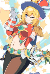 Rule 34 | 1girl, absurdres, arm behind back, blonde hair, blue eyes, breasts, cleavage cutout, clothing cutout, duel monster, epaulettes, gloves, hand up, hat, heart, highres, holding, holding wand, large breasts, long hair, meda otoko, midriff, navel, one eye closed, pendulum witch, solo, standing, standing on one leg, star (symbol), top hat, twitter username, wand, white gloves, yu-gi-oh!