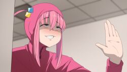 Rule 34 | 1girl, blue eyes, blush, bocchi the rock!, cube hair ornament, gotoh hitori, hair ornament, hair over eyes, highres, hood, hood up, indoors, jacket, long hair, one side up, parted lips, pink hair, pink jacket, sinensian, smile, solo, teeth, track jacket, tvfilthyfrank, waving