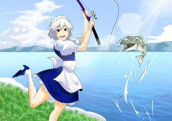 Rule 34 | 1girl, day, fish, fishing, fishing rod, izayoi sakuya, looking at viewer, maid, maid headdress, open mouth, outdoors, silver hair, smile, solo, standing, standing on one leg, touhou, warugaki (sk-ii), water