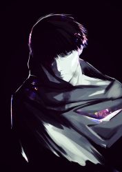 Rule 34 | 1boy, amon koutarou, black background, black hair, bruise, closed mouth, commentary request, highres, injury, light, looking at viewer, male focus, one eye covered, pale skin, sanoi (giraffe), short hair, simple background, solo, spoilers, tokyo ghoul, upper body