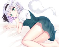 Rule 34 | 1girl, arm support, bad id, bad pixiv id, bare legs, barefoot, commentary, finger to mouth, foot out of frame, green eyes, green skirt, green vest, hair ribbon, konpaku youmu, konpaku youmu (ghost), lying, nibosi, on bed, on side, puffy short sleeves, puffy sleeves, ribbon, shirt, short sleeves, silver hair, simple background, skirt, skirt set, smile, solo, touhou, vest, white background, white shirt