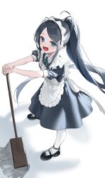 Rule 34 | 1girl, absurdly long hair, absurdres, apron, aris (blue archive), aris (maid) (blue archive), black dress, black footwear, black hair, blue archive, blue eyes, blush, commentary, dress, full body, highres, lo-ta, long hair, looking at viewer, maid, maid apron, maid headdress, mop, official alternate costume, pantyhose, ringed eyes, shoes, short sleeves, simple background, smile, solo, standing, symbol-only commentary, very long hair, white apron, white background, white pantyhose