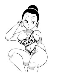 Rule 34 | 1girl, animal print, breasts, chi-chi (dragon ball), curvy, dragon ball, dragonball z, female focus, funsexydragonball, hair bun, highleg, highleg swimsuit, highres, monochrome, one-piece swimsuit, swimsuit, text focus, wide hips
