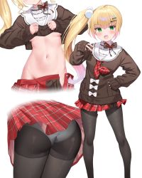 Rule 34 | 1girl, :d, ascot, blonde hair, bow, breasts, clothes lift, fang, frills, green eyes, groin, hair ornament, hairclip, highres, hololive, k mugura, midriff, miniskirt, momosuzu nene, momosuzu nene (casual), navel, official alternate costume, open mouth, panties, panties under pantyhose, pantyhose, plaid, plaid skirt, pom pom (clothes), sailor collar, shirt lift, side ponytail, simple background, skin fang, skirt, sleeves past wrists, smile, solo, sweater, underboob, underwear, upskirt, virtual youtuber, white background