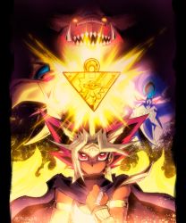 Rule 34 | 1boy, absurdres, armlet, atem, black hair, blonde hair, bright pupils, cloak, closed mouth, commentary, dark skin, dark-skinned male, earrings, egyptian, english commentary, glowing, hand up, highres, jewelry, looking at viewer, male focus, millennium puzzle, multicolored hair, obelisk the tormentor, osiris the sky dragon, phil vzq, purple cloak, red eyes, spiked hair, the winged dragon of ra, upper body, white pupils, yu-gi-oh!, yu-gi-oh! duel monsters