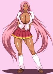 Rule 34 | 00s, 1girl, alternate costume, annoyed, areola slip, arms behind back, blush, body blush, breasts, brown footwear, bursting breasts, cleavage, cleavage cutout, closed mouth, clothing cutout, collarbone, contrapposto, curvy, dark-skinned female, dark skin, donson, embarrassed, female focus, full body, hair intakes, highres, huge breasts, ingrid (taimanin asagi), ingrid (taimanin murasaki), kneehighs, large breasts, leg warmers, legs, lilith-soft, lipstick, loafers, long hair, looking at viewer, loose socks, low twintails, makeup, midriff peek, miniskirt, mole, mole under mouth, navel, no bra, pink background, pink hair, pleated skirt, purple lips, red skirt, school uniform, shadow, shiny skin, shirt, shoes, short sleeves, sidelocks, simple background, skirt, sleeve cuffs, socks, solo, standing, sweat, sweatdrop, taimanin (series), taimanin asagi, taimanin murasaki, thighhighs, thighs, twintails, uniform, very long hair, white shirt, white socks, yellow eyes