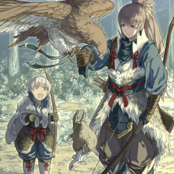 Rule 34 | 2boys, :d, animal, arm at side, armor, arrow (projectile), bird, blue shirt, bow (weapon), bush, clenched hands, closed mouth, falconry, father and son, faulds, feathers, fire emblem, fire emblem fates, fur (clothing), gloves, grass, grey hair, hair between eyes, hair ribbon, harusame (rueken), hawk, high collar, high ponytail, holding, holding bow (weapon), holding weapon, japanese armor, japanese clothes, kiragi (fire emblem), long hair, long sleeves, looking at animal, male focus, multiple boys, nature, nintendo, open mouth, orange eyes, out of frame, outdoors, pants, ponytail, quiver, rabbit, red ribbon, ribbon, sash, shin guards, shirt, short hair, sidelocks, silver trim, smile, standing, takumi (fire emblem), tassel, teeth, tree, tsurime, vambraces, weapon, wide-eyed, yumi (bow)