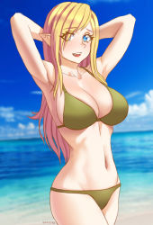 Rule 34 | 1girl, :d, absurdres, armpits, arms behind head, arms up, artist name, bikini, blonde hair, blue eyes, breasts, cleavage, cloud, collarbone, contrapposto, danfer3, day, elf, highres, large breasts, long hair, looking at viewer, navel, ocean, open mouth, original, pointy ears, sky, smile, solo, standing, swimsuit