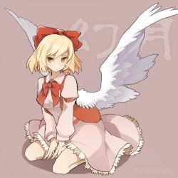 Rule 34 | 1girl, angel wings, blonde hair, bow, bowtie, brown background, commentary request, dress, frilled dress, frills, full body, gengetsu (touhou), hair bow, hair ornament, hair ribbon, kneeling, long sleeves, looking at viewer, pink dress, puffy sleeves, razuzyamu, red bow, ribbon, sash, short hair, simple background, sitting, solo, touhou, touhou (pc-98), translation request, vest, white wings, wings
