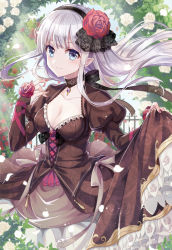 Rule 34 | 1girl, bad id, bad pixiv id, blue eyes, bow, breasts, bridal gauntlets, cleavage, collarbone, cowboy shot, cross-laced clothes, fingernails, flower, frilled hairband, frills, hair flower, hair ornament, hairband, jewelry, lolita fashion, long hair, looking at viewer, mono lith, necklace, original, outdoors, pointy ears, railing, rose, skirt hold, smile, solo, standing, white hair