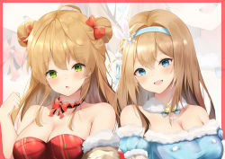 Rule 34 | 2girls, absurdres, aratake, arm up, bare shoulders, blonde hair, blue dress, blue eyes, blue hairband, blush, border, bow, breasts, cleavage, commentary, double bun, dress, girls&#039; frontline, green eyes, hair bow, hair bun, hairband, highres, long hair, looking at viewer, medium breasts, multiple girls, open mouth, parted lips, red border, red dress, rfb (girls&#039; frontline), rfb (how rfb stole xmas) (girls&#039; frontline), simple background, smile, suomi (girls&#039; frontline), suomi (korvatunturi pixie) (girls&#039; frontline), teeth, upper body, upper teeth only