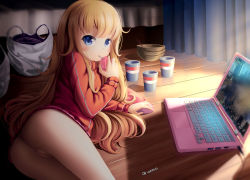 Rule 34 | 1girl, ass, bag, blonde hair, blue eyes, blush, casual nudity, cleft of venus, computer, dkoro, female focus, gabriel dropout, gabriel tenma white, highres, holding, jacket, juice box, laptop, long hair, long sleeves, looking at viewer, lying, no panties, on side, pillow, pussy, solo, twitter username, uncensored, wooden door