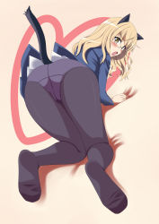Rule 34 | 1girl, all fours, animal ears, ass, blonde hair, blush, cat ears, cat tail, crotch seam, feet, from behind, glasses, highres, hyukki, long hair, looking back, open mouth, panties, panties under pantyhose, pantyhose, perrine h. clostermann, solo, strike witches, tail, thighs, underwear, world witches series, yellow eyes
