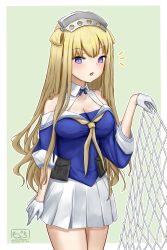 Rule 34 | 1girl, ^^^, artist logo, blonde hair, blue eyes, blue shirt, breasts, cargo net, cleavage, cowboy shot, double bun, fletcher (kancolle), gloves, green background, hair bun, hairband, highres, kantai collection, large breasts, long hair, looking at viewer, neckerchief, net, off shoulder, pethimon, pleated skirt, sailor collar, school uniform, serafuku, shirt, skirt, solo, standing, two-tone background, white gloves, white sailor collar, white skirt, yellow neckerchief