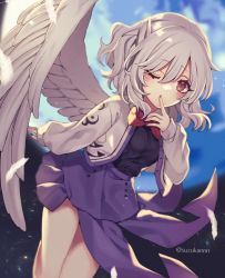 Rule 34 | 1girl, alternate color, angel wings, bow, bowtie, braid, breasts, buttons, cardigan, dress, eyelashes, feathered wings, feathers, finger to mouth, french braid, grey hair, highres, kishin sagume, kyouda suzuka, long sleeves, looking at viewer, medium breasts, nail polish, one eye closed, open cardigan, open clothes, purple dress, purple nails, red bow, red bowtie, red eyes, short hair, single wing, solo, thighs, touhou, wings