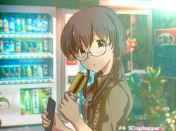 Rule 34 | 1girl, absurdres, artist name, blurry, blurry background, braid, brown hair, day, eating, emily cooper (scrophopper), glasses, highres, holding, holding phone, holding sandwich, long hair, looking at viewer, original, outdoors, phone, scrophopper, short sleeves, sidelocks, twintails, upper body, vending machine