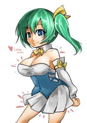 Rule 34 | 1girl, alternate costume, arms behind back, bare shoulders, blue eyes, breasts, cleavage, daiyousei, english text, female focus, green hair, hair ribbon, large breasts, memento vivi, miniskirt, pleated skirt, ribbon, side ponytail, simple background, skirt, smile, solo, touhou, transparent background, white skirt