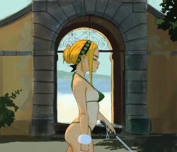 Rule 34 | 1girl, ass, beach, bikini, blonde hair, blush, breasts, cane, closed eyes, commentary, earrings, english commentary, highres, jewelry, medium breasts, moitasart, original, perky breasts, solo, swimsuit, tan, walking
