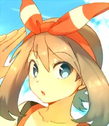 Rule 34 | 1girl, bare arms, blue eyes, bow hairband, brown hair, cloud, collarbone, commentary request, creatures (company), day, game freak, hair between eyes, hairband, hand up, looking at viewer, lowres, may (pokemon), medium hair, nintendo, open mouth, orange hairband, orange shirt, outdoors, pokemon, pokemon oras, sekka koyori, shirt, sky, sleeveless, sleeveless shirt, solo, tongue