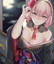 Rule 34 | 1girl, blush, breasts, chest sarashi, cleavage, detached collar, flower, hair flower, hair ornament, tucking hair, hairband, highres, hololive, hololive english, japanese clothes, kimono, large breasts, mori calliope, mori calliope (new year), nail polish, pink eyes, pink hair, red nails, s aaa e, sarashi, smile, virtual youtuber, wide sleeves