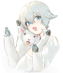 Rule 34 | 1boy, absurdres, aged down, animal, animal ears, blue eyes, dante (devil may cry), devil may cry (series), goat, goat boy, goat ears, hair between eyes, highres, holding, holding animal, looking at viewer, male focus, naijarski, open mouth, sheep, simple background, smile, solo, white hair