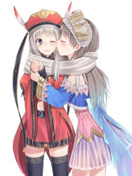 Rule 34 | 2girls, atelier (series), atelier judie, atelier totori, black legwear, blush, closed eyes, couple, crossover, dress, female focus, grey eyes, hat, headdress, in-franchise crossover, judith volltone, licking, long hair, multiple girls, one eye closed, open mouth, own hands together, profile, ribbon, scarf, silver hair, simple background, suzushiro yukari, teardrop, thighhighs, tongue, tongue out, totooria helmold, wink, yuri