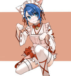 Rule 34 | 1girl, absurdres, aizawa kazuha, animal ears, ankle lace-up, apron, assault lily, bell, blue eyes, blue hair, blush, bow, bowtie, breasts, cat ears, cleavage, closed mouth, collar, commentary request, commission, cosplay, cross-laced footwear, embarrassed, fake animal ears, foot out of frame, frilled apron, frilled collar, frilled skirt, frills, hair between eyes, hair ribbon, hands up, highres, jingle bell, layered skirt, long sleeves, looking at viewer, maid headdress, miniskirt, neck bell, nose blush, on one knee, orange background, paw pose, pink apron, red bow, red bowtie, red footwear, red ribbon, red skirt, revision, ribbon, ribbon-trimmed sleeves, ribbon trim, sasaki33916, shirt, shoes, short hair, skeb commission, skirt, solo, thighhighs, two-tone background, v-shaped eyebrows, wang yujia, wang yujia (cosplay), wavy mouth, white background, white collar, white shirt, white skirt, white thighhighs, wide sleeves