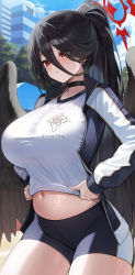 Rule 34 | 1girl, :t, absurdres, belly, bike shorts, black choker, black hair, blue archive, blue sky, blush, breasts, building, choker, cloud, day, dot nose, gym uniform, hair between eyes, halo, hasumi (blue archive), hasumi (track) (blue archive), high ponytail, highres, hutosutoro, jacket, large breasts, mole, mole under eye, navel, official alternate costume, outdoors, ponytail, pout, raised eyebrows, red eyes, shirt, shirt tug, short shorts, shorts, sky, solo, stomach, sweat, taut clothes, thighs, tight clothes, track jacket, tree, undersized clothes, white shirt
