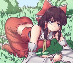 Rule 34 | 1girl, :t, all fours, ascot, bow, brown eyes, brown hair, crying, crying with eyes open, detached sleeves, eating, grabbing, grass, hair bow, hair tubes, hakurei reimu, hater (hatater), highres, long hair, matching hair/eyes, poverty, ribbon trim, sarashi, solo, tears, touhou