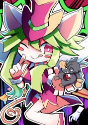 Rule 34 | 1boy, 1girl, animal ears, blush stickers, breasts, gloves, green hair, hat, heart, heart tail, highres, leotard, mad rat, mad rat dead, mouse (animal), mouse ears, mouse girl, mouse tail, nippon ichi, rat god, red eyes, tail, tie clip, top hat, wings, wrist cuffs