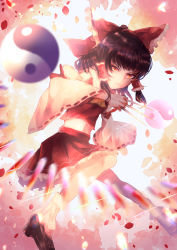 Rule 34 | 1girl, abstract background, absurdres, ascot, between fingers, black footwear, black hair, blurry, blurry foreground, bobby socks, danmaku, detached sleeves, expressionless, floating, frown, hair ribbon, hair tubes, hakurei reimu, highres, holding, loafers, looking at viewer, midriff, needle, orb, petals, ponytail, red eyes, red skirt, red vest, ribbon, ribbon-trimmed sleeves, ribbon trim, sango (coral0707), serious, shoes, short hair, sidelocks, skirt, socks, solo, touhou, vest, white socks, yellow ascot, yin yang, yin yang orb