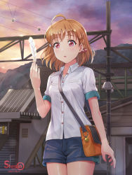 Rule 34 | 10s, 1girl, :o, ahoge, artist name, bag, blush, braid, collared shirt, commentary request, cowboy shot, dated, feathers, hair bobbles, hair ornament, hairclip, highres, holding, holding feather, love live!, love live! sunshine!!, orange hair, power lines, red eyes, shamakho, shirt, short sleeves, shorts, shoulder bag, side braid, solo, spoilers, sunset, takami chika, train station, white feathers
