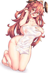 Rule 34 | 1girl, :d, bad id, bad pixiv id, blush, breasts, brown eyes, collarbone, covering privates, dragalia lost, dutch angle, full body, hair between eyes, hair ornament, highres, kneeling, large breasts, long hair, looking at viewer, mym (dragalia lost), naked towel, nude, nude cover, open mouth, red hair, shiny skin, shirokuma a, smile, solo, towel
