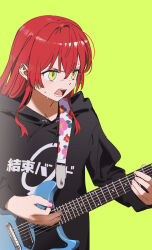 Rule 34 | 1girl, black hoodie, bocchi the rock!, green eyes, guitar, highres, hood, hoodie, instrument, kita ikuyo, music, playing instrument, red hair, singing, yamamura saki