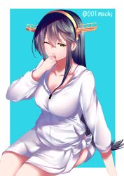 Rule 34 | 001machi, 1girl, ;), absurdres, bad id, bad pixiv id, black hair, breasts, cleavage, hair ornament, hairclip, haruna (kancolle), headgear, highres, hood, hooded sweater, kantai collection, large breasts, long hair, looking at viewer, one eye closed, sitting, smile, solo, sweater, twitter username, white sweater