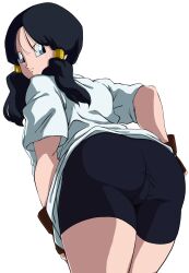 Rule 34 | 1girl, ass, bike shorts, black hair, black shorts, blue eyes, brown gloves, closed mouth, code null, commission, dragon ball, dragonball z, fingerless gloves, from behind, gloves, highres, long hair, looking at viewer, looking back, shirt, short sleeves, shorts, skeb commission, solo, twintails, videl, white background, white shirt