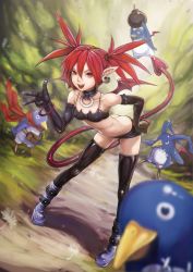 Rule 34 | 1girl, absurdres, ass, bangle, bat wings, boots, bracelet, butt crack, demon girl, demon tail, demon wings, disgaea, earrings, elbow gloves, etna (disgaea), fangs, flat chest, gloves, highres, jewelry, kuon (kwonchanji), laharl, looking at viewer, mini wings, necklace, pointy ears, prinny, red eyes, red hair, short hair, skull earrings, spiked hair, tail, thighhighs, wings