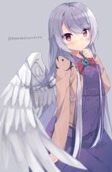 Rule 34 | 1girl, alternate hair length, alternate hairstyle, angel, beige jacket, blush, bow, bowtie, braid, breasts, brown footwear, buttons, closed mouth, commentary request, dress, french braid, grey background, hair between eyes, highres, jacket, kishin sagume, long hair, long sleeves, looking at viewer, momomaron, purple dress, red bow, red bowtie, red eyes, shiny skin, silver hair, simple background, single wing, small breasts, solo, touhou, white wings, wings