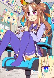 Rule 34 | 2girls, ahoge, animal ears, bike shorts, blonde hair, blue hair, blush, bow, chair, colored inner hair, commentary, copano rickey (umamusume), double bun, ear covers, fang, gaming chair, gradient hair, hair between eyes, hair bun, hair ornament, highres, holding, horse ears, horse tail, indoors, knees up, monitor, multicolored hair, multiple girls, neo universe (umamusume), no shoes, on chair, open mouth, pink eyes, playing, playing games, pleated skirt, purple bow, purple shirt, purple skirt, purple thighhighs, red eyes, sailor collar, school uniform, shirt, shorts, sitting, skin fang, skirt, smile, streaked hair, swivel chair, tail, tassel, tassel hair ornament, television, thighhighs, tongue, tongue out, tracen school uniform, translation request, umamusume, wahiko (black bastard), white hair, winter uniform, yellow shorts