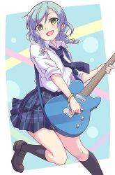 Rule 34 | 1girl, :d, bang dream!, black necktie, black skirt, black socks, blue hair, blush, braid, breasts, brown footwear, collared shirt, e20, electric guitar, feet out of frame, green eyes, guitar, hair over shoulder, highres, hikawa hina, holding, holding instrument, instrument, kneehighs, loafers, long hair, necktie, open mouth, outside border, plaid, plaid skirt, pleated skirt, school uniform, shirt, shoes, short sleeves, skirt, small breasts, smile, socks, solo, standing, standing on one leg, swept bangs, twin braids, white shirt