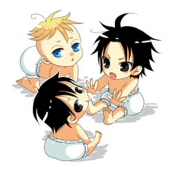 Rule 34 | 3boys, black hair, blonde hair, blue eyes, brothers, chibi, diaper, grey eyes, male focus, marco (one piece), monkey d. luffy, multiple boys, one piece, portgas d. ace, scar, siblings, sitting, toddler