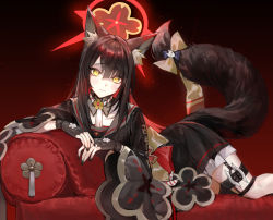 Rule 34 | 1girl, absurdres, animal ear fluff, animal ears, asymmetrical bangs, black gloves, black kimono, black nails, blue archive, blush, bow, brown hair, closed mouth, colored inner hair, couch, feet out of frame, fingerless gloves, floral print, fox ears, fox girl, fox tail, garter straps, gloves, glowing, grey sailor collar, halo, highres, japanese clothes, kimono, kneehighs, light blush, light particles, long hair, long sleeves, looking at viewer, lying, moko (moko/moko), multicolored hair, nail polish, on stomach, print kimono, red hair, sailor collar, simple background, smile, socks, solo, tail, tail bow, tail ornament, tassel, thigh strap, two-tone hair, wakamo (blue archive), white socks, wide sleeves, yellow eyes