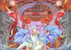 Rule 34 | 1boy, albino, androgynous, arched back, chinese clothes, chinese text, collarbone, covered navel, dragon, goko163, indoors, jewelry, lantern, looking at viewer, male focus, open mouth, original, red eyes, smile, solo, traditional clothes, tsurime, water, white hair, wide hips