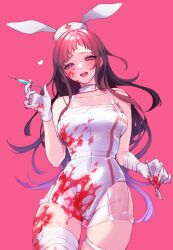Rule 34 | 1girl, :d, absurdres, alternate costume, amido (compassion273), animal ears, bandaged leg, bandages, bare shoulders, blood, blood on clothes, blush, breasts, collarbone, cowboy shot, danganronpa (series), danganronpa 2: goodbye despair, fake animal ears, gloves, hat, heart, highres, holding, holding knife, holding syringe, knife, large breasts, leotard, long hair, nurse cap, open mouth, pink background, pink eyes, pink theme, purple hair, rabbit ears, simple background, single thighhigh, smile, solo, syringe, thighhighs, tsumiki mikan, white gloves, white leotard