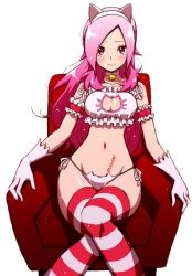 Rule 34 | 00s, 1girl, alternate costume, animal ears, arm garter, armchair, bell, blush, body writing, breasts, cat cutout, cat ear panties, cat ears, cat lingerie, chair, choker, cleavage, cleavage cutout, closed mouth, clothing cutout, collarbone, cure passion, eyelashes, fake animal ears, fresh precure!, frills, gloves, groin, hairband, higashi setsuna, jingle bell, knees together feet apart, long hair, looking at viewer, meme attire, navel, neck bell, on chair, panties, pink hair, precure, ribbon, shadow, shirono, side-tie panties, simple background, sitting, solo, stomach, string panties, striped clothes, striped thighhighs, swept bangs, thighhighs, underwear, underwear only, wavy eyebrows, white background, white choker, white gloves, white ribbon, white thighhighs