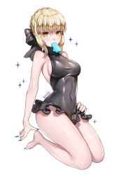 Rule 34 | 1girl, artist name, artoria pendragon (all), artoria pendragon (alter swimsuit rider) (first ascension) (fate), artoria pendragon (fate), bare arms, bare legs, bare shoulders, barefoot, black bow, black one-piece swimsuit, blonde hair, blush, bow, braid, breasts, covered navel, crown braid, eyebrows, fate/stay night, fate (series), fingernails, food, food in mouth, full body, ganik (pisshine), grey nails, hair bow, hair ribbon, kneeling, large breasts, long fingernails, looking at viewer, mouth hold, nail polish, official alternate costume, one-piece swimsuit, popsicle, ribbon, saber (fate), saber alter, shade, shiny skin, sideboob, sidelocks, simple background, skin tight, sleeveless, solo, swimsuit, taut clothes, taut swimsuit, toenail polish, toenails, white background, yellow eyes