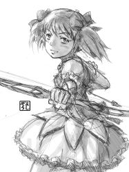 Rule 34 | 10s, 1girl, absurdres, arrow (projectile), bow (weapon), bubble skirt, choker, face, gloves, greyscale, highres, jewelry, kaname madoka, lips, looking at viewer, magical girl, mahou shoujo madoka magica, mahou shoujo madoka magica (anime), monochrome, pendant, pink eyes, pink hair, puffy sleeves, short hair, short twintails, simple background, sketch, skirt, solo, twintails, unfinished, weapon, yoshikawa kazunori