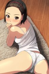 1girl, absurdres, animal print, ass, bare arms, bare shoulders, black hair, blush, breasts, brown eyes, brown hairband, camisole, cat panties, cat print, forehead, from behind, hairband, highres, looking at viewer, looking back, lying, matsunaga kouyou, nose blush, on stomach, original, panties, print panties, small breasts, solo, underwear, underwear only, white camisole, white panties, wooden floor