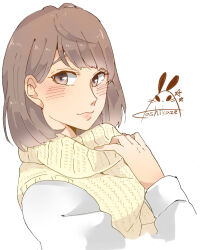 Rule 34 | 1girl, blush, breasts, brown eyes, closed mouth, commentary request, hair behind ear, highres, kashikaze, kusuda aina, long sleeves, looking at viewer, medium breasts, real life, scarf, signature, simple background, solo, sweater, upper body, voice actor, white background, white sweater, yellow scarf