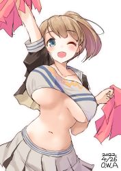 Rule 34 | 1girl, armpits, blue eyes, bouncing breasts, breasts, brown hair, cheerleader, clothes writing, cowboy shot, crop top, highres, holding, holding pom poms, intrepid (kancolle), kantai collection, large breasts, looking at viewer, midriff, miniskirt, one-hour drawing challenge, owa (ishtail), pleated skirt, pom pom (cheerleading), pom poms, ponytail, shirt, short hair, simple background, skirt, solo, takaramonozu, underboob, white background, white shirt